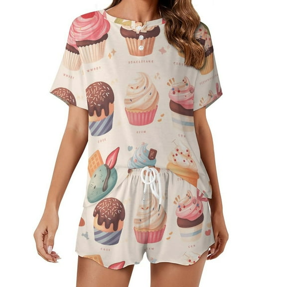 Cartoon Cake Pajama Set for Women 2 Piece Sleepwear Loungewear Short Sleeve