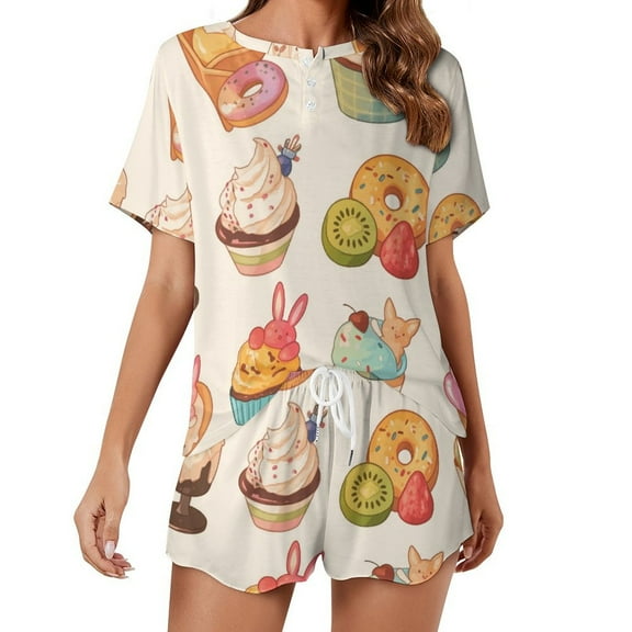Cartoon Cake Pajama Set for Women 2 Piece Sleepwear Loungewear Short Sleeve