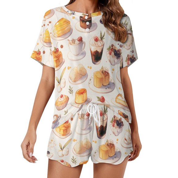 Cartoon Cake Pajama Set for Women 2 Piece Sleepwear Loungewear Short Sleeve