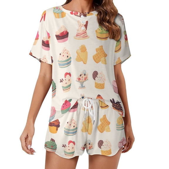 Cartoon Cake Pajamas Set Womens Loungewear Sleepwear 2 Piece PJ Sets