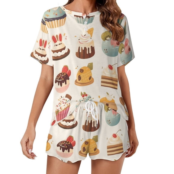 Cartoon Cake Pajamas Set Womens Loungewear Sleepwear 2 Piece PJ Sets