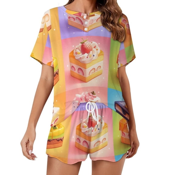 Cartoon Cake Pajamas Set Womens Loungewear Sleepwear 2 Piece PJ Sets