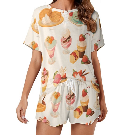 Cartoon Cake Pajamas Set Womens Loungewear Sleepwear 2 Piece PJ Sets