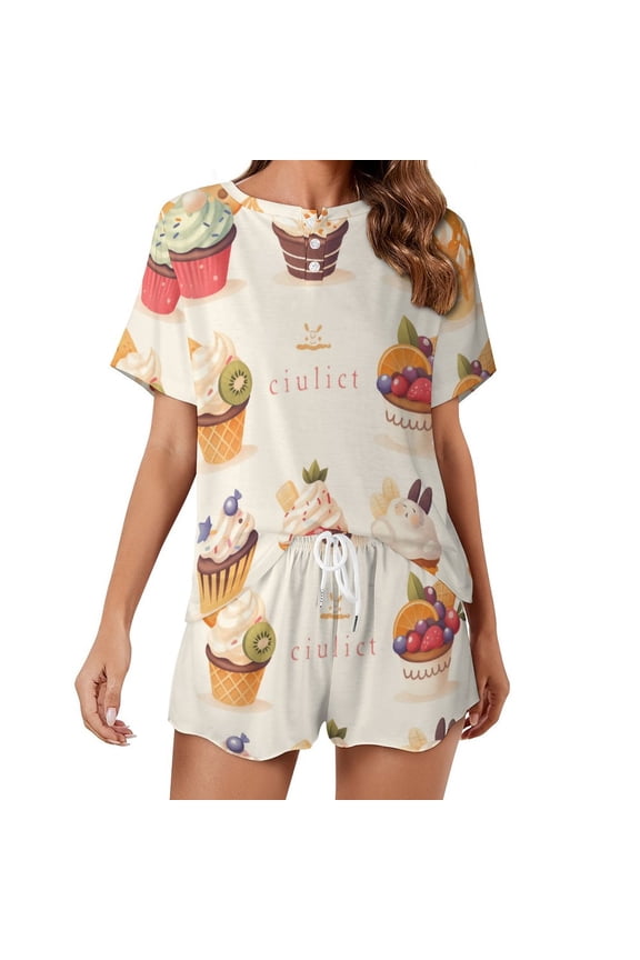Cartoon Cake Pajamas Set Womens Loungewear Sleepwear 2 Piece PJ Sets