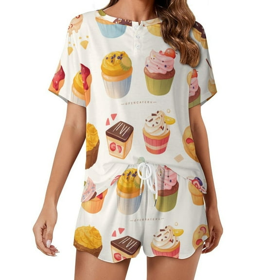 Cartoon Cake Pajamas Set Womens Loungewear Sleepwear 2 Piece PJ Sets