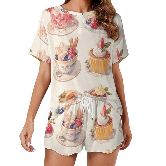 Cartoon Cake Pajamas Set Womens Loungewear Sleepwear 2 Piece PJ Sets