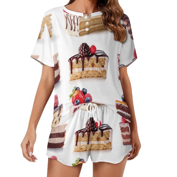 Cartoon Cake Print Women'S Pajamas Set Summer Sleepwear Sets 2 Piece Lounge Set