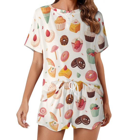 Cartoon Cake Print Women'S Pajamas Set Summer Sleepwear Sets 2 Piece Lounge Set