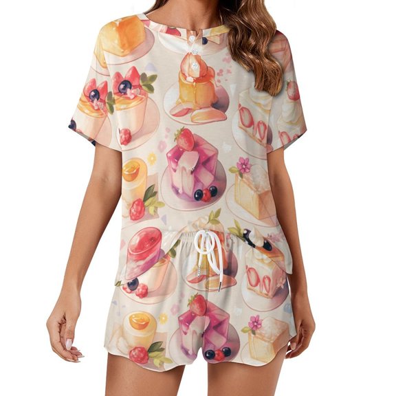 Cartoon Cake Print Women'S Pajamas Set Summer Sleepwear Sets 2 Piece Lounge Set