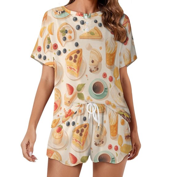 Cartoon Cake Print Women'S Pajamas Set Summer Sleepwear Sets 2 Piece Lounge Set