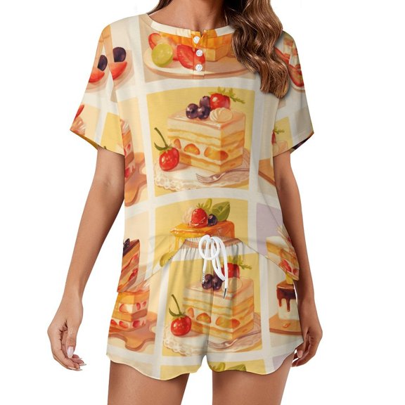 Cartoon Cake Print Women'S Pajamas Set Summer Sleepwear Sets 2 Piece Lounge Set