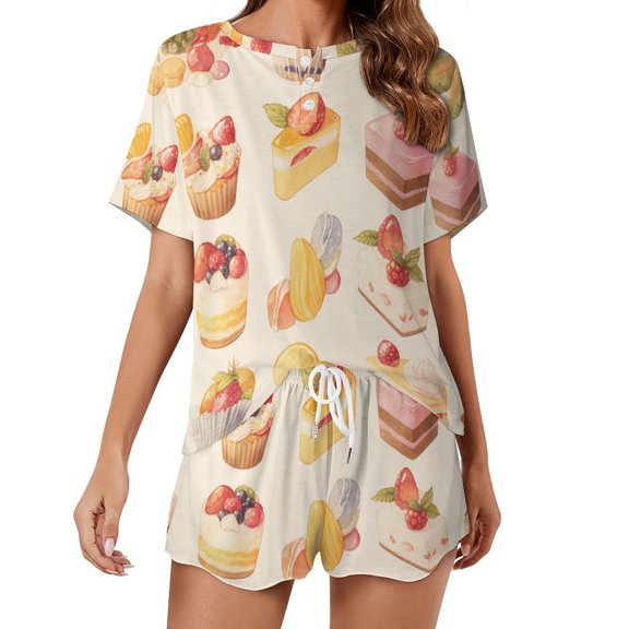 Cartoon Cake Print Women'S Pajamas Set Summer Sleepwear Sets 2 Piece Lounge Set