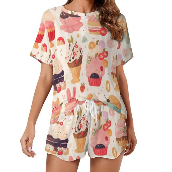 Cartoon Cake Print Women'S Pajamas Set Summer Sleepwear Sets 2 Piece Lounge Set