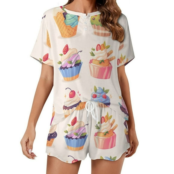 Cartoon Cake Print Women'S Pajamas Set Summer Sleepwear Sets 2 Piece Lounge Set