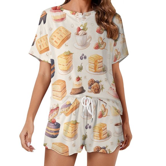 Cartoon Cake Print Women'S Pajamas Set Summer Sleepwear Sets 2 Piece Lounge Set