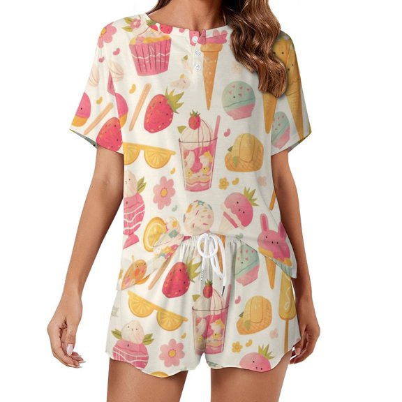 Cartoon Cake Print Women'S Pajamas Set Summer Sleepwear Sets 2 Piece Lounge Set