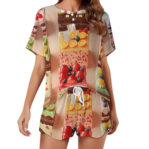 Cartoon Cake Print Women'S Pajamas Set Summer Sleepwear Sets 2 Piece Lounge Set