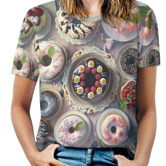 Cartoon Cake T Shirts Basic T-Shirt Short Sleeve Ladies Tee Shirt Summer Graphic Clothing