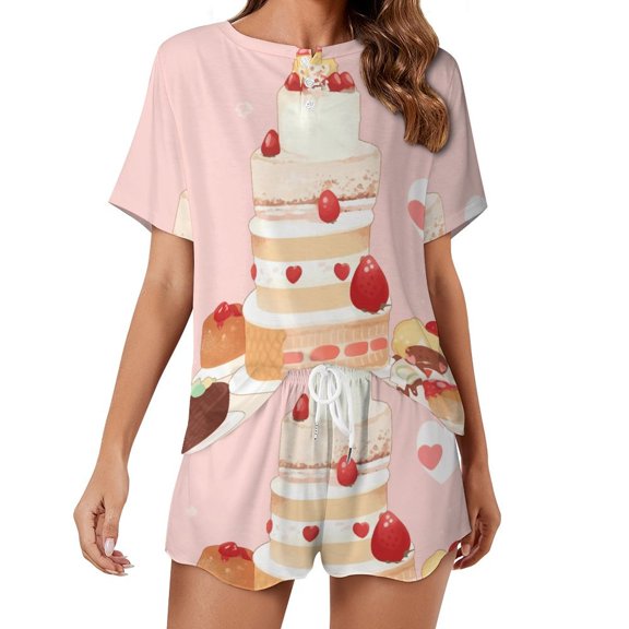 Cartoon Cake Women's Ruffle Short Sleeve Tops And Shorts Cute Peeps Bunny Pajamas Sets