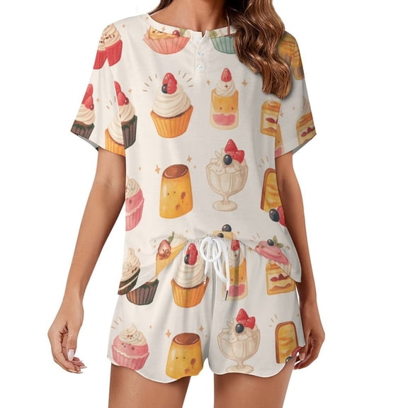 Cartoon Cake Women's Ruffle Short Sleeve Tops And Shorts Cute Peeps Bunny Pajamas Sets