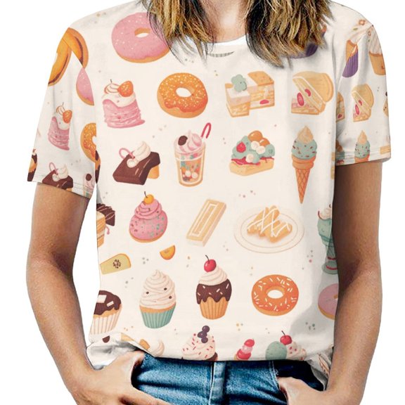 Cartoon Cake Women's Short Sleeve T-Shirt Crew Neck Casual Summer Trendy Loose Fit Tops