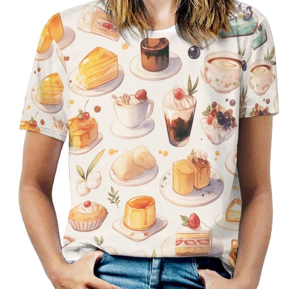 Cartoon Cake Women's Short Sleeve T-Shirt Crew Neck Casual Summer Trendy Loose Fit Tops