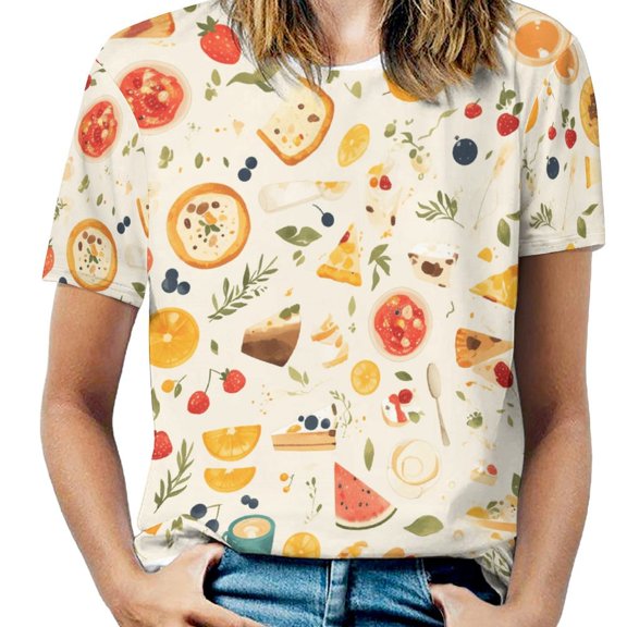 Cartoon Cake Women's Short Sleeve T-Shirt Crew Neck Casual Summer Trendy Loose Fit Tops