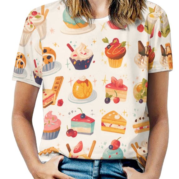 Cartoon Cake Women's Short Sleeve Tops Casual Blouses T Shirt