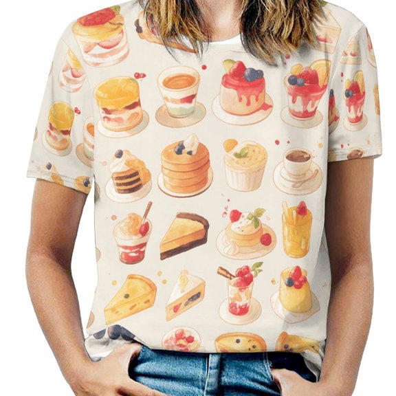 Cartoon Cake Womens Tops Women's Fashion Casual Short Sleeve Flower Print Round Neck Pullover Top Blouse