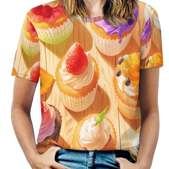 Cartoon Cake Womens Tops Women's Fashion Casual Short Sleeve Flower Print Round Neck Pullover Top Blouse