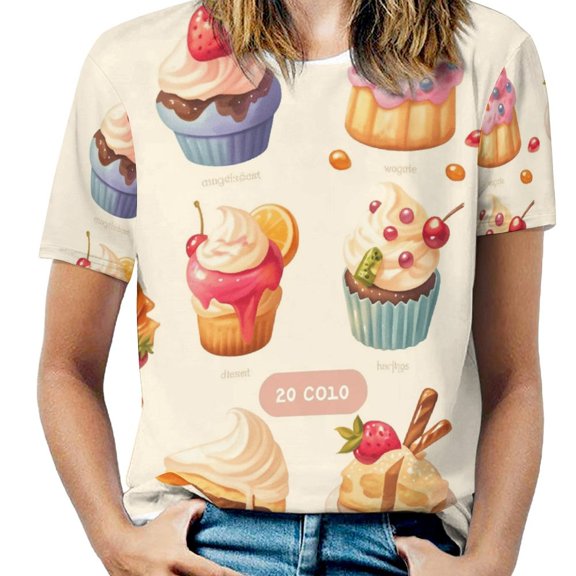 Cartoon Cake Womens Tops Women's Fashion Casual Short Sleeve Flower Print Round Neck Pullover Top Blouse