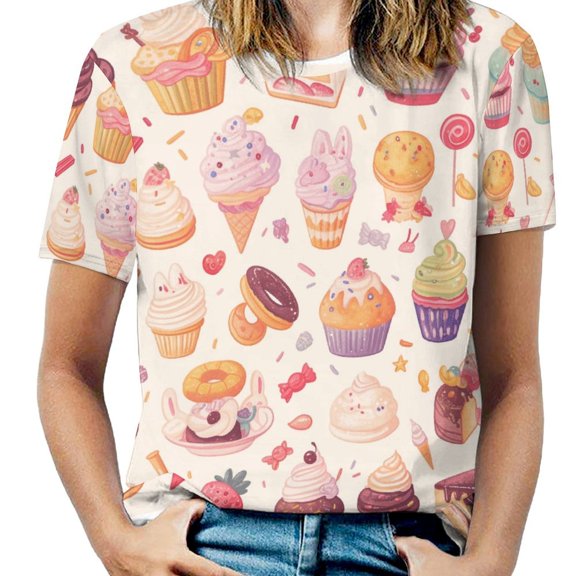 Cartoon Cake Womens Tops Women's Fashion Casual Short Sleeve Flower Print Round Neck Pullover Top Blouse