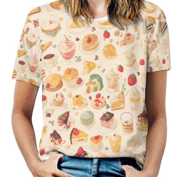 Cartoon Cake Womens Tops Women's Fashion Casual Short Sleeve Flower Print Round Neck Pullover Top Blouse