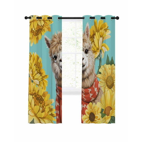 Cartoon Camels Blackout Curtains for Bedroom Living Room, Vintage Yellow Dasiy Flowers Teal Background 39 In Long Thermal Insulated Room Darkening Drapes Grommet Window Treatments, 27.5 x 39 In