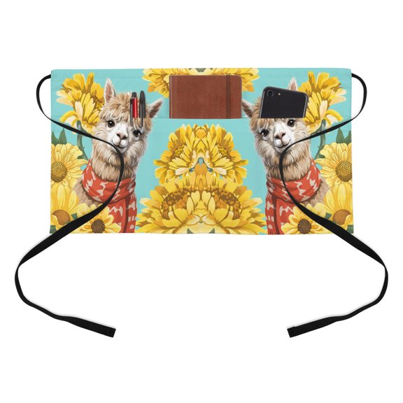 Cartoon Camels Half Waist Apron Vintage Yellow Dasiy Flowers Teal Background Short Waiter Aprons with 3 Pockets for Women Men Kitchen Restaurant Cooking