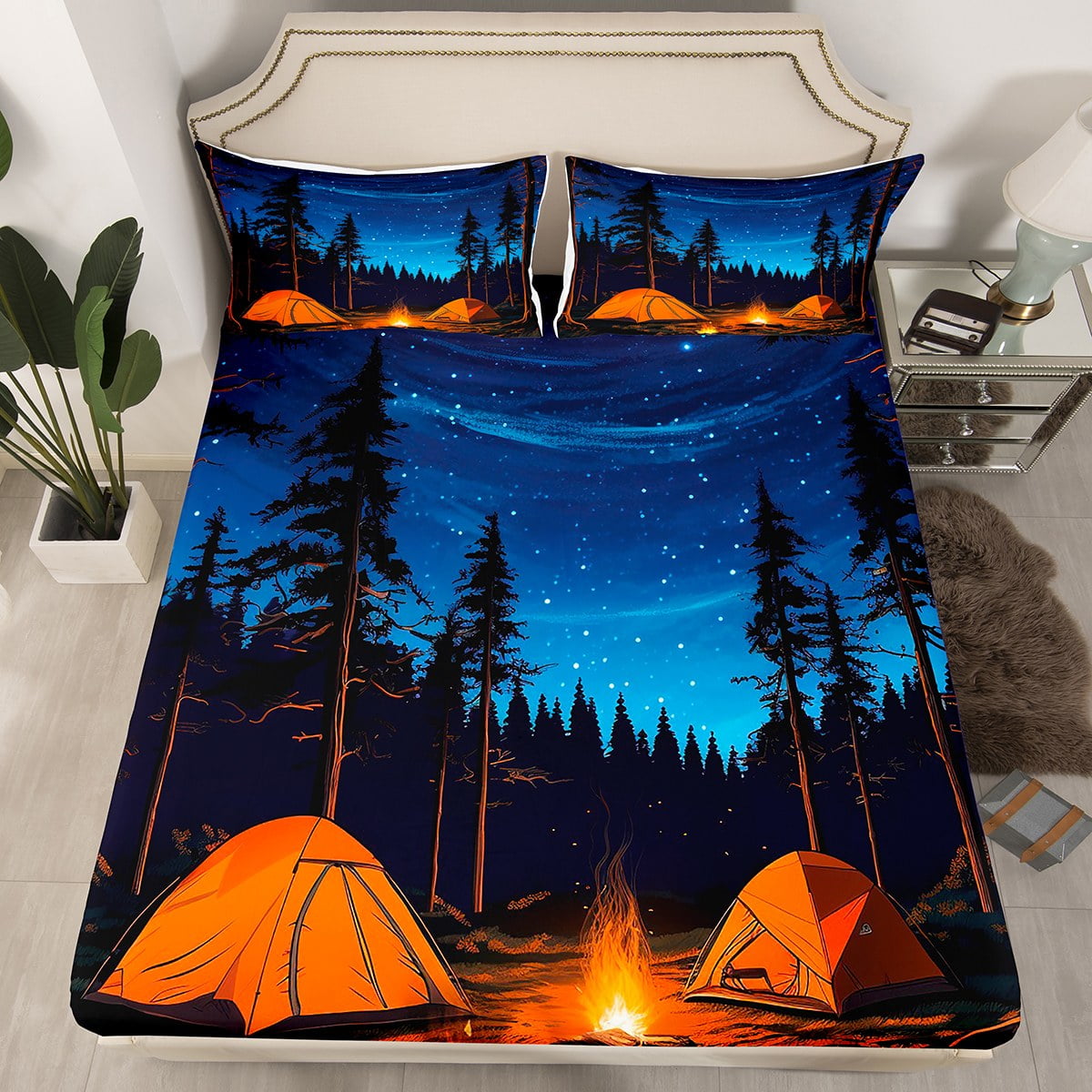 Cartoon Camper Campfire Fitted Sheet,Cute Camping Rv Decor Bedding Set