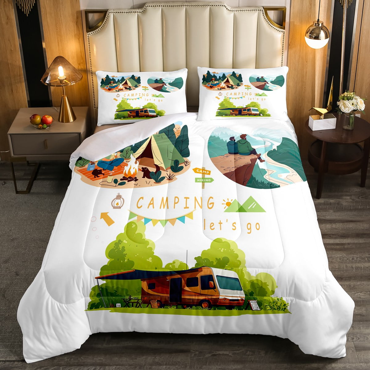 Cartoon Camper Comforter Set Full, Watercolor Rustic Style Bedding 3Pcs