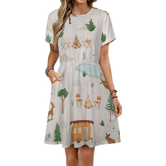 Cartoon Camper Short Sleeve Dress Women Summer Evening Dresses Ladies Sundress