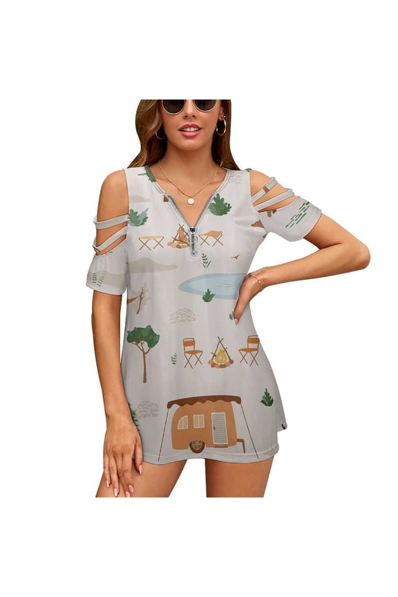 Cartoon Camper Womens Summer V Neck Zipper Top Short Sleeve T Shirt Off Shoulder Top Casual Classy Loose Shirts