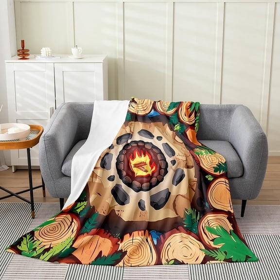 Cartoon Campfire Print Soft Fleece Throw Blanket Warm Cozy Lightweight Plush Blanket for Couch Bed Sofa Camping Travel