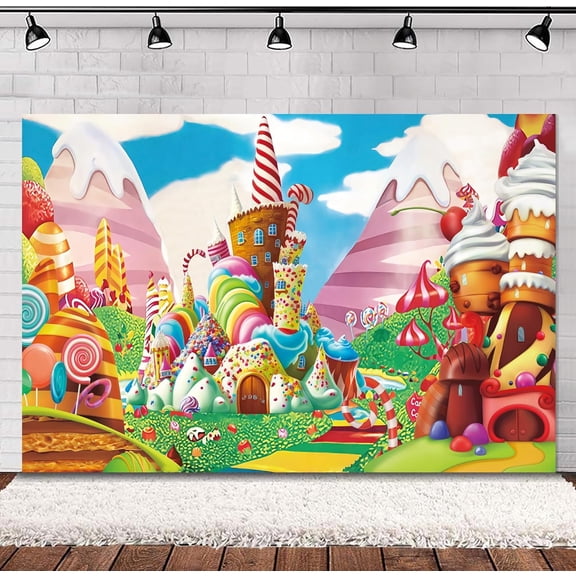 Cartoon Candy Castle Party Wall Decorations Fairy Tale Candyland Lollipop Rainbow Baby Shower Birthday Table Banner Photo Booth Photography Backdrop Background Studio