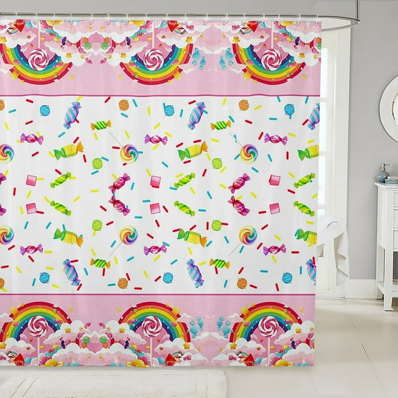 Cartoon Candy Shower Curtains,Rainbow Cloud Dessert Girly Bathroom Curtains Women,Sweets Cute Princess Pink Romantic Waterproof Curtains,12 Hooks Suits,72"W x 72"L