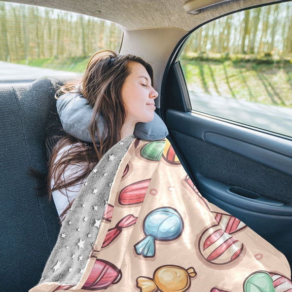 Cartoon Candys Travel Blanket Pillow Compact Foldable Airplane Throw Blanket with Trolley Sleeve for Travel Camping