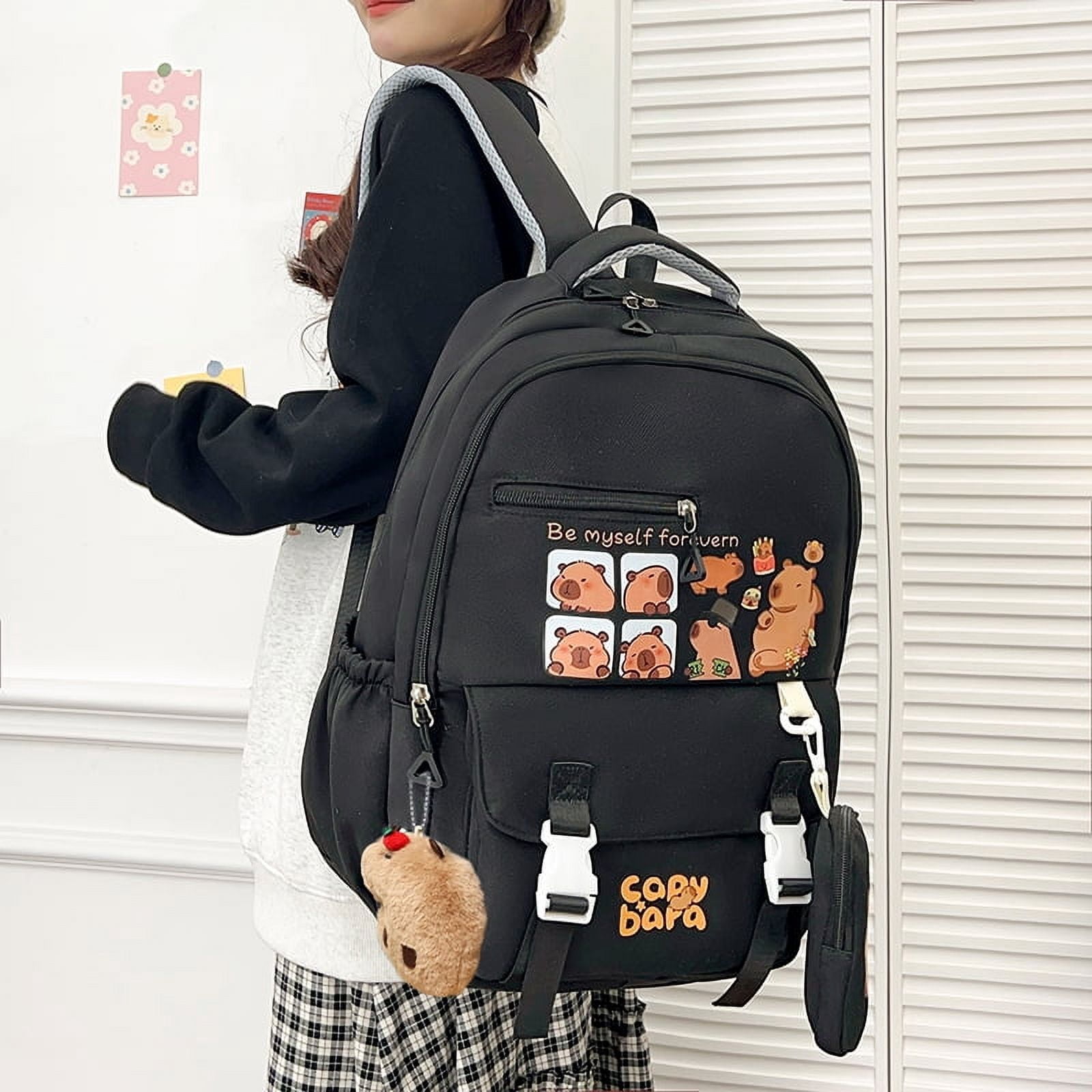 Cute Capybara Backpack For Women & Kids - Lightweight Waterproof Daypack With Capybara Pendant & 6 Badges, 42x30x20cm