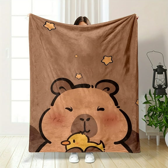 Cartoon Capybara & Duck Flannel Blanket – Soft Reversible Digital Print Throw, All-Season Cozy Polyester Blanket for Home, Office & Nap, Perfect Gift for Family & Friends