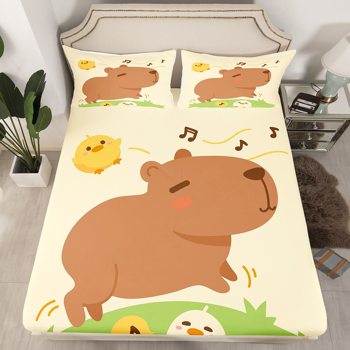 Cartoon Capybara Fitted Sheet Twin Size, Brown Zoo Pet Animals Bedding