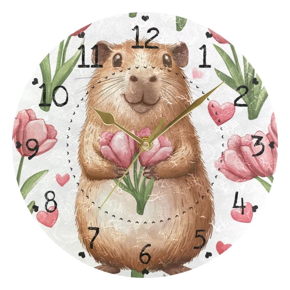 Cartoon Capybara Hold Tulips Flowers Round Wall Clock Silent Analog Battery Operated Gold Pointer Home Decor 9.84" Diameter