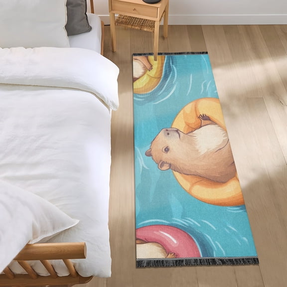 Cartoon Capybaras with Swimming Circles Bedside Runner Rug 2'x 6' Non Slip Carpet Floor Mat Area Rug
