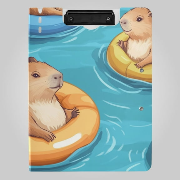 Cartoon Capybaras with Swimming Circles Foldable Binder Folder Clipboard with Pen Slot Double Clips A4 Size File Storage