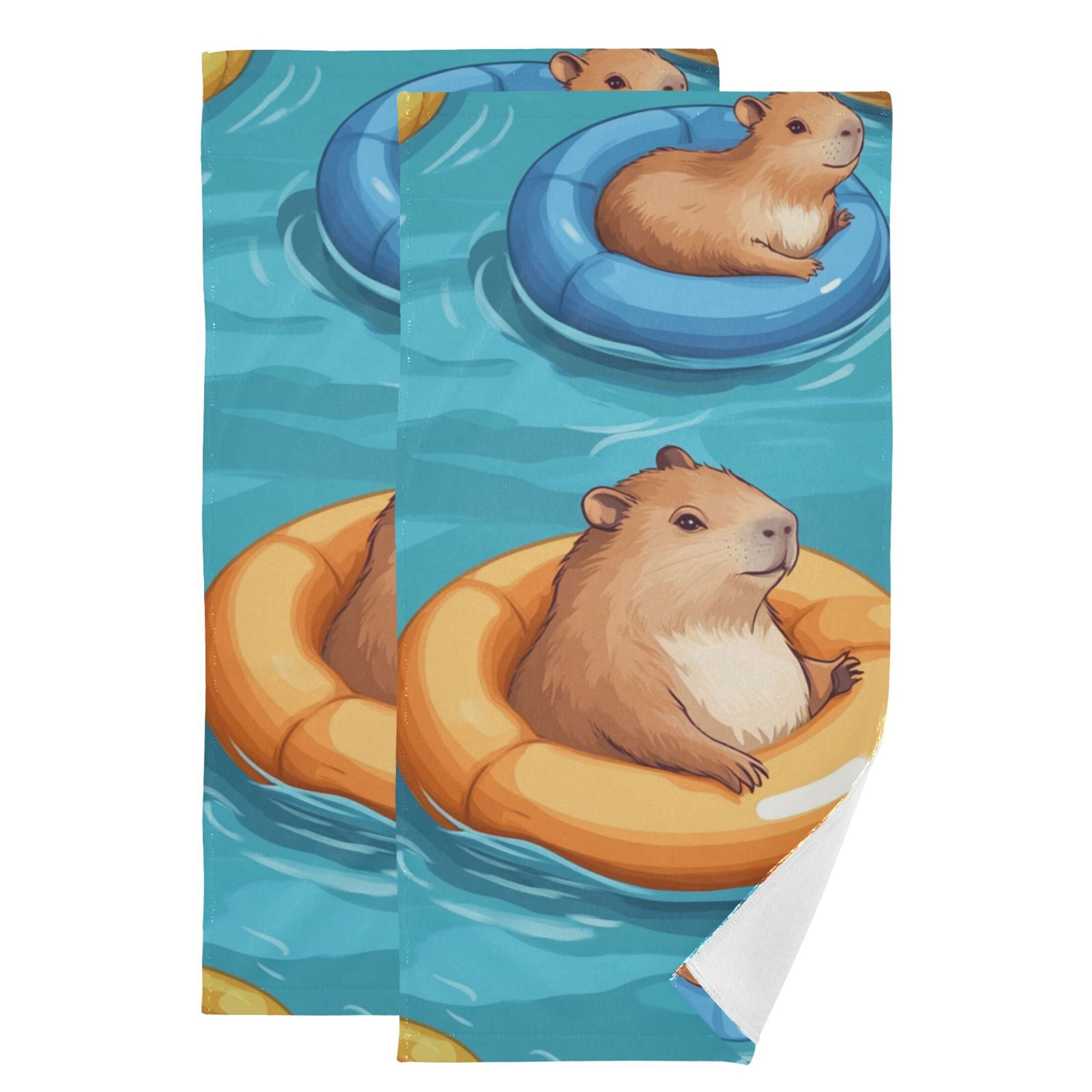 Cartoon Capybaras with Swimming Circles Hand Towel Absorbent Bath ...
